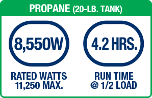 PROPANE. 8550W RATED WATTS 11250 MAX. 4.2 HOURS RUN TIME @ 1/2 LOAD.